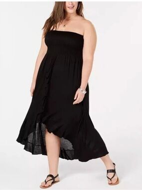Raviya Swim Cover Up Tube Dress Maxi Hi Low Smocked Strapless Black 1X